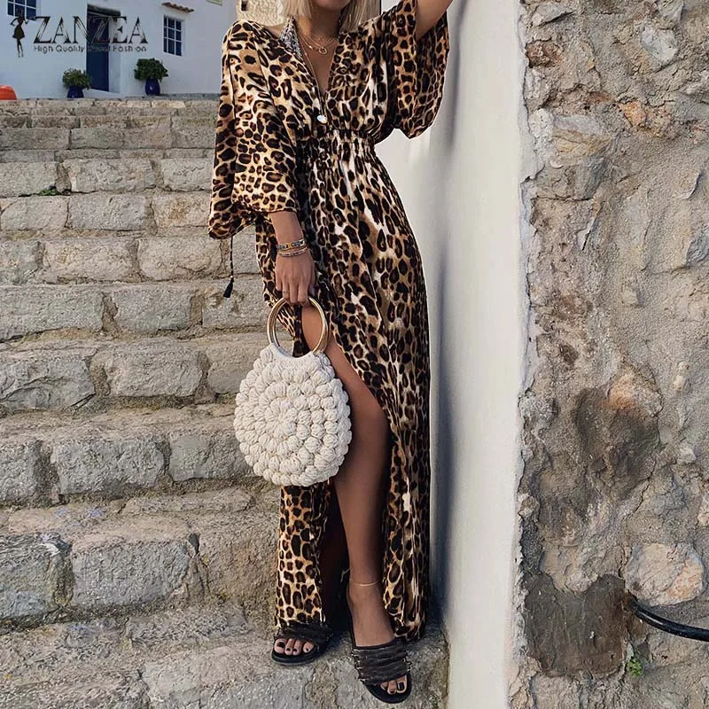 Women Sexy Leopard Print Long Maxi Dress ZANZEA Autumn High Split Flare Sleeve Sundress Casual Party Club Long Vestido Femme
Women Sexy Leopard Print Long Maxi Dress ZANZEA Autumn High Split Flare Sleeve Sundress Casual Party Club Long Vestido Femme