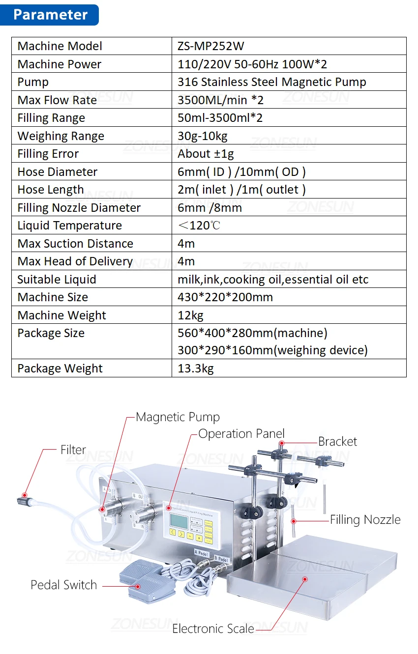 ZONEPACK ZS-MP252W Полуавтоматическая машина для наполнения и взвешивания спиртных напитков Очиститель туалета Молочные духи Сильнокислотный двойной наполнитель 
