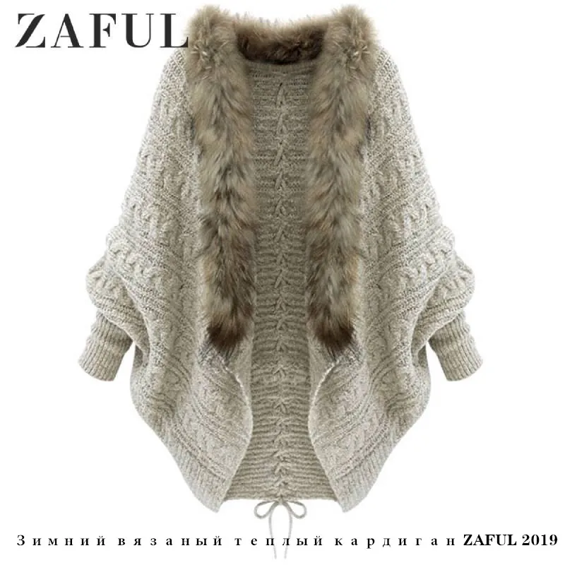 ZAFUL Oversize Cardigan Batwing Sleeve Faux Fur Collar Lace Up Chunky Women Loose Knitted Sweater Fall Spring 2019 |