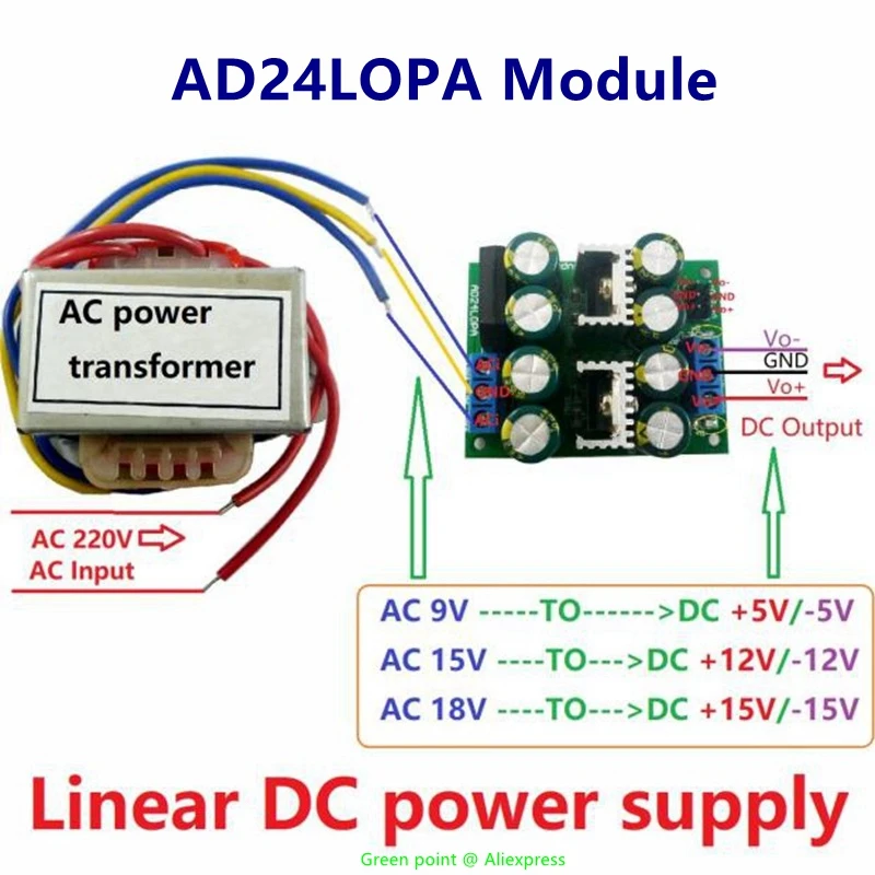 

AD24LOPA модуль 2023 12 Вт AC 220 В в Dual DC +-5 В/12 В/15 в стандартный комплект линейного источника питания с низким уровнем шума для динамика ADC усилитель мощности