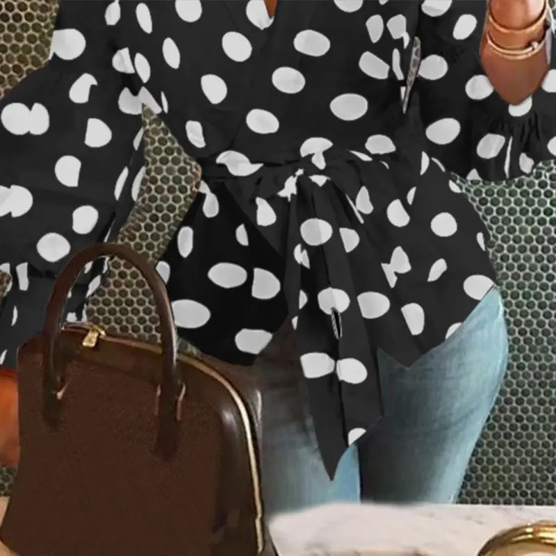 S-5XL Women Tops and Blouses Celmia Sexy Deep V-neck Point Dot Female Shirts Casual Loose Belted Lantern Sleeve Tunic Blusas 7 S-5XL Women Tops and Blouses Celmia Sexy Deep V-neck Point Dot Female Shirts Casual Loose Belted Lantern Sleeve Tunic Blusas 7