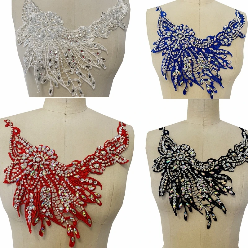 

1Piece Handmade Rhinestones Beads Pearls Lace Applique Sew on Stones Patches Trim for dress neckline