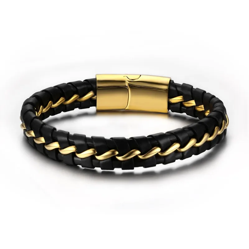 New Gold Steel Gun Black Color Stainless Braided Genuine Leather Bracelet 19/21/22cm Men Bangle Wrap Magnetic-Clasp | Украшения и