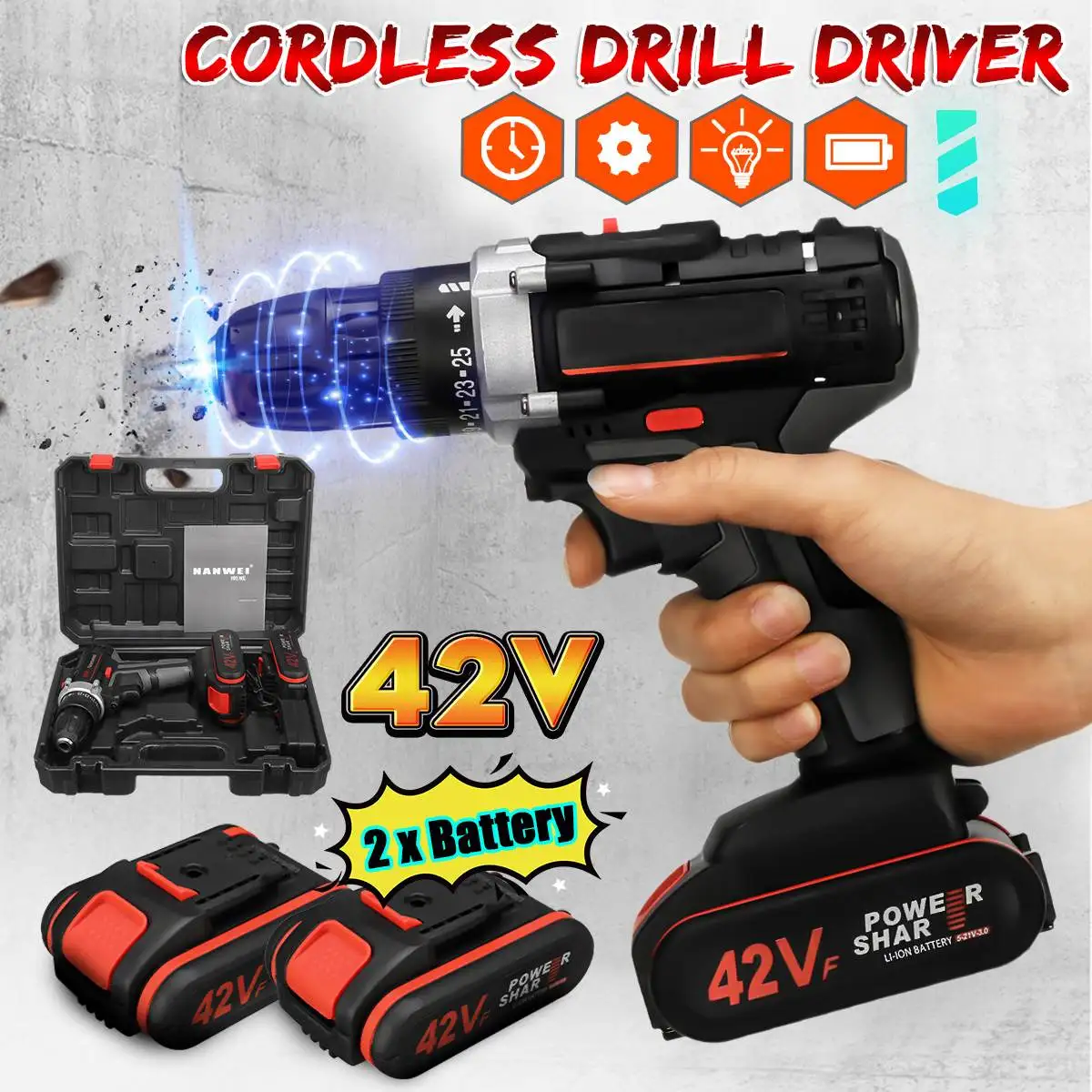 42Vf 5000mAh 2 Speed Brushless Cordless Electric Impact Drill LED Light LI-ION Battery 25 1 25~28Nm
42Vf 5000mAh 2 Speed Brushless Cordless Electric Impact Drill LED Light LI-ION Battery 25 1 25~28Nm