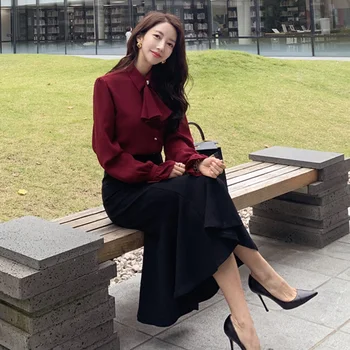 HAMALIEL New Fall Winter Office Two Piece Set Fashion Women Chiffon Bow Wine Red Shirt + Ruffles Bodycon Mermaid Long Skirt Suit
HAMALIEL New Fall Winter Office Two Piece Set Fashion Women Chiffon Bow Wine Red Shirt + Ruffles Bodycon Mermaid Long Skirt Suit