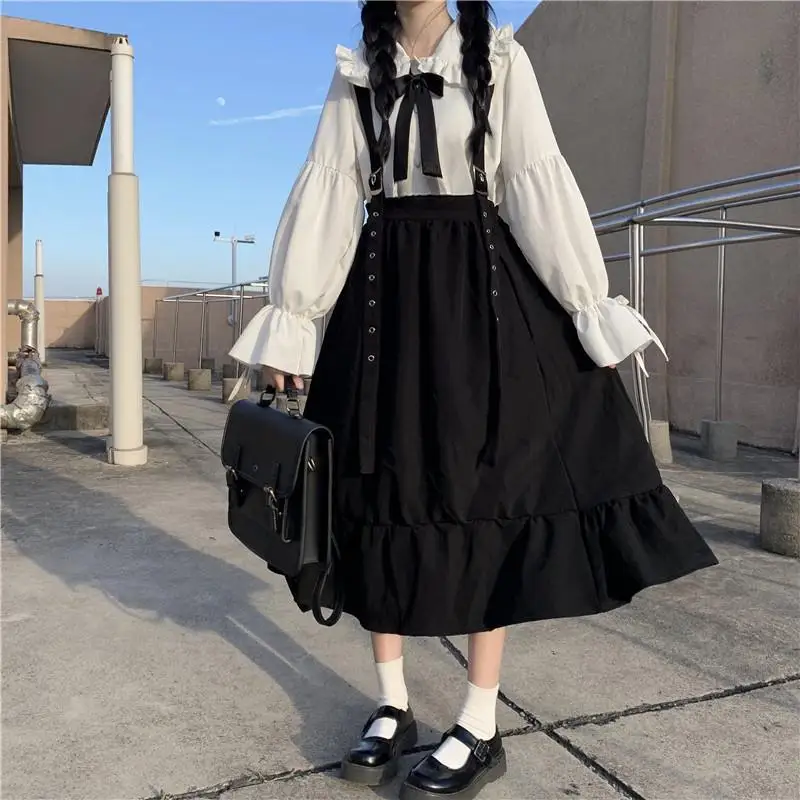 HOUZHOU-Falda larga de Lolita gótica para mujer, prenda de cintura alta con volantes, estilo Kawaii japonés, línea A, negra, suave, Harajuku, otoño