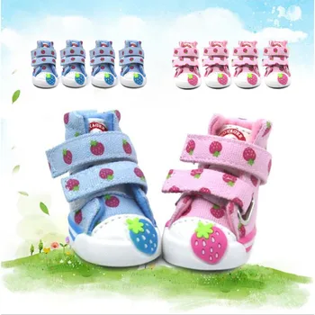 

4 pcs/set Pet Dog Anti-slip Strawberry Shoes Sneakers Breathable Booties Puppy Denim Shoes For Small Dogs Chihuahua Teddy XS-XL