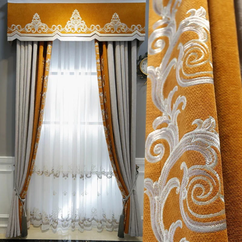 

High end luxury living room American curtain villa bedroom balcony cashmere chenille embroidery splicing shade curtain