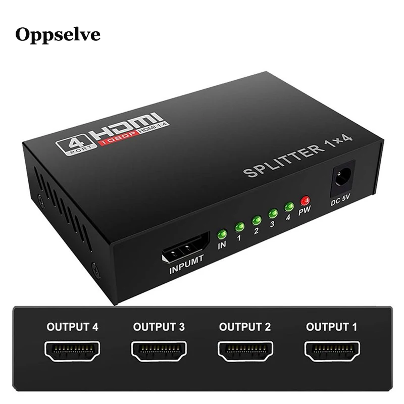 Oppselve 1x4 HDMI Splitter Converter 1 In 4 Out HDMI 1.4 Splitter Amplifier HDCP 1080P Dual Display for HDTV DVD PS3 Xbox 
Oppselve 1x4 HDMI Splitter Converter 1 In 4 Out HDMI 1.4 Splitter Amplifier HDCP 1080P Dual Display for HDTV DVD PS3 Xbox