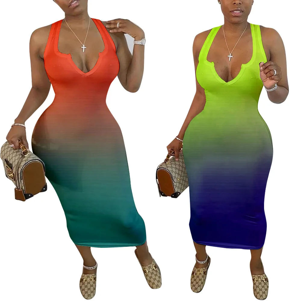 Women Gradient Print Sport v-neck Sleeveless Bodycon Midi Mid-Calf Length Pencil Tank Dress
Women Gradient Print Sport v-neck Sleeveless Bodycon Midi Mid-Calf Length Pencil Tank Dress