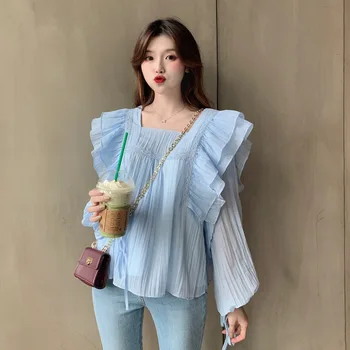 2020 Autumn New Arrival Korean Style Square Collar Shirt Ruffled Puff Sleeve Loose Long Sleeve Blue Shirt Free Shipping 
2020 Autumn New Arrival Korean Style Square Collar Shirt Ruffled Puff Sleeve Loose Long Sleeve Blue Shirt Free Shipping