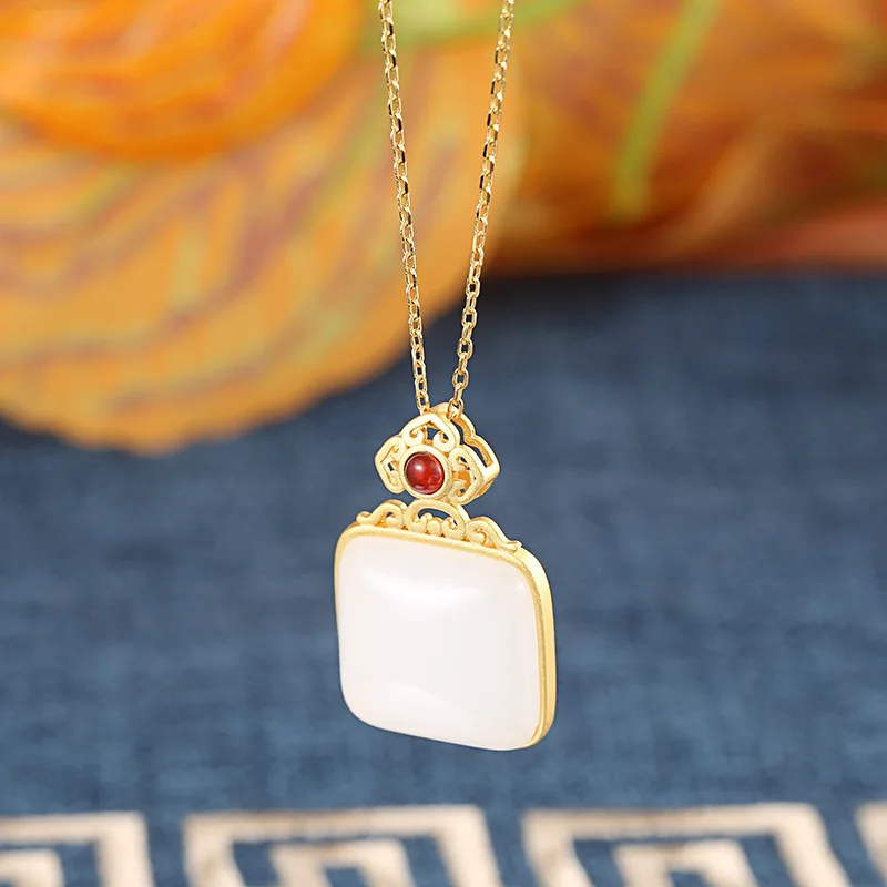 

SA SILVERAGE National Style Pendant Clavicle Chain Jewelry Pendant S925 Sterling Silver Necklace Inlaid with Hetian Jade Square