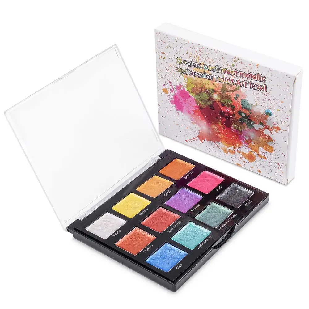 12 Pearlescent Glittering Metallic Color Semi Dry Professional Watercolor Paint Set in a Portable Box for Painting Art Supplies
12 Pearlescent Glittering Metallic Color Semi Dry Professional Watercolor Paint Set in a Portable Box for Painting Art Supplies