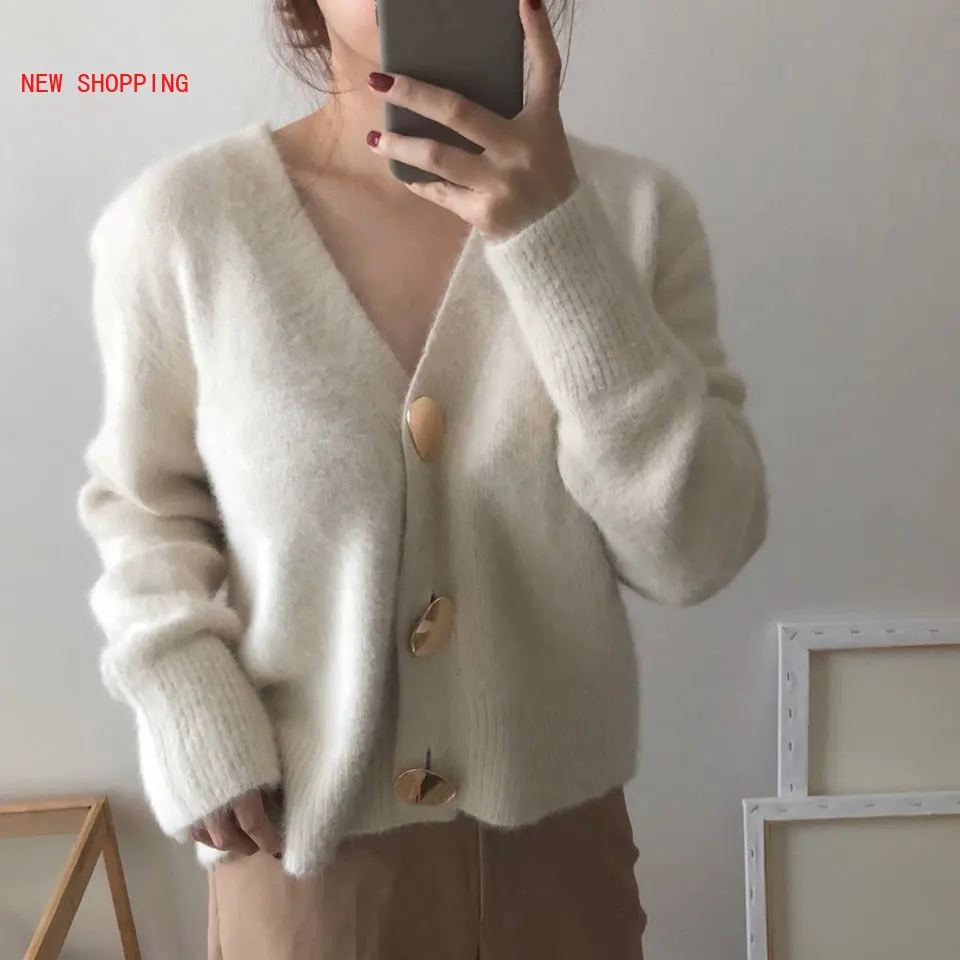 

New Autumn Winter Korea Knitted Sweater Khaki Women Cardigans White Mohair Thicken Jacket Long Sleeve Single Button Jumper Short