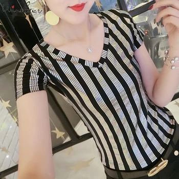Summer Korean Clothes T-shirt Sequins Gilding Print Striped Women Tops Ropa Mujer Shirt Short Sleeve Bottoming Shirt Tees T06332
Summer Korean Clothes T-shirt Sequins Gilding Print Striped Women Tops Ropa Mujer Shirt Short Sleeve Bottoming Shirt Tees T06332