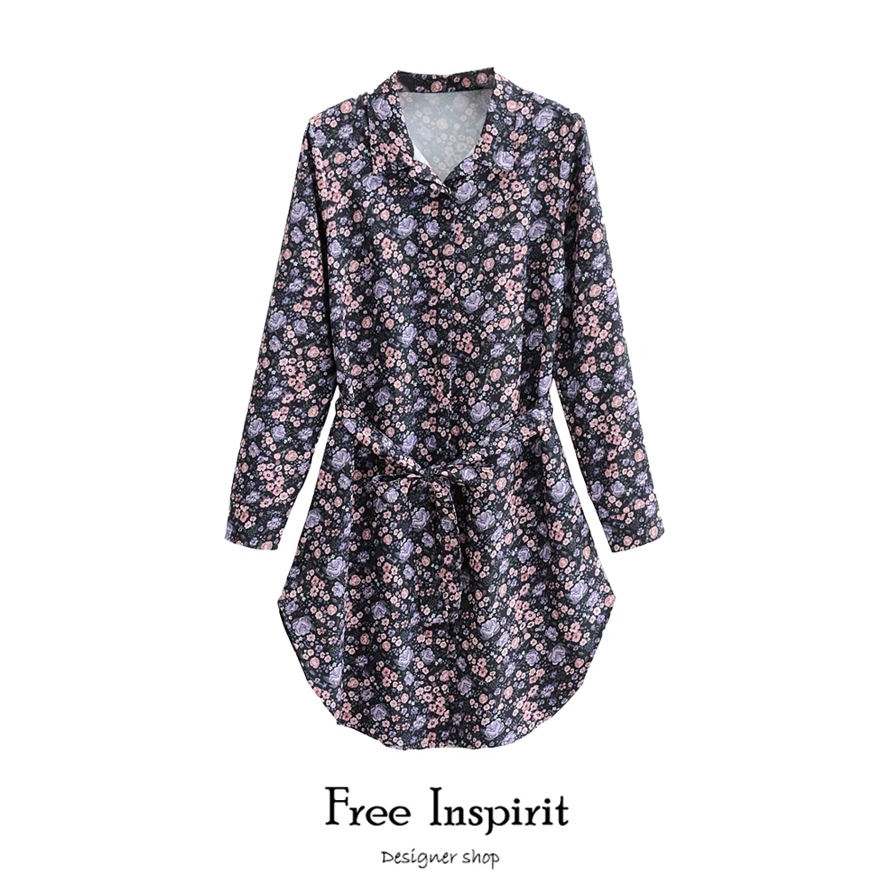 

Free Inspirit New Arrival Vintage Style A-line Floral Print Long Sleeve Turn-down Collar Empire Waist Women's Above Knee Dress