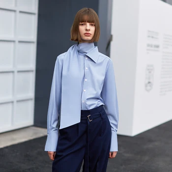 Women Blue Temperament Bandage Blouse New High Collar Long Sleeve Loose Fit Shirt Fashion Tide Spring Autumn 2020
Women Blue Temperament Bandage Blouse New High Collar Long Sleeve Loose Fit Shirt Fashion Tide Spring Autumn 2020