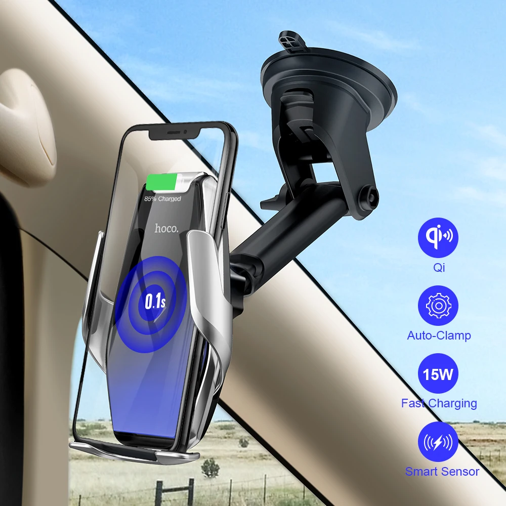 

HOCO Qi Беспроводное Автомобильное зарядное устройство, Автоматический Инфракрасный зажим, крепление на вентиляционное отверстие, автомобильный держатель для телефона со стеклянной поверхностью 15 Вт, быстрое зарядное устройство для iPhone13