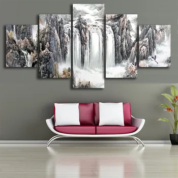 

Canvas Paintings Modular Home Decor 5 Pieces Ink painting Natural Landscape Poster waterfall Pictures Living Room Wall Art