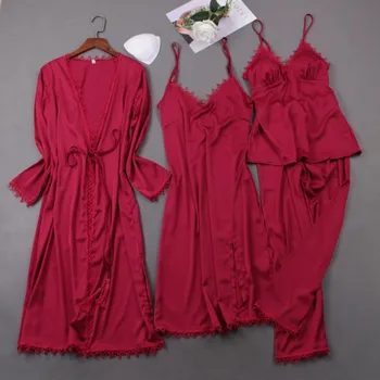 Sexy Nightwear 4PCS Pajamas Suit Strap Top&Pants Intimate Lingerie Lady Satin Sleepwear Bridal Wedding Gift Pijamas Home Clothes
Sexy Nightwear 4PCS Pajamas Suit Strap Top&Pants Intimate Lingerie Lady Satin Sleepwear Bridal Wedding Gift Pijamas Home Clothes