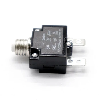 5 Amp Push Button Circuit Breaker 50V DC or 250V AC, Mounts in 3/8 inch (10 mm) Round Hole, Transparent Button Cap 
5 Amp Push Button Circuit Breaker 50V DC or 250V AC, Mounts in 3/8 inch (10 mm) Round Hole, Transparent Button Cap