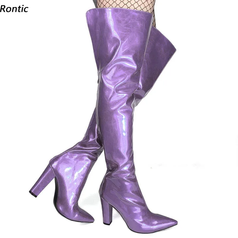 

Rontic Women Winter Over The Knee Boots Crack Patent Leather Chunky Heels Pointed Toe Gorgeous Purple Party Shoes US Size 5-15