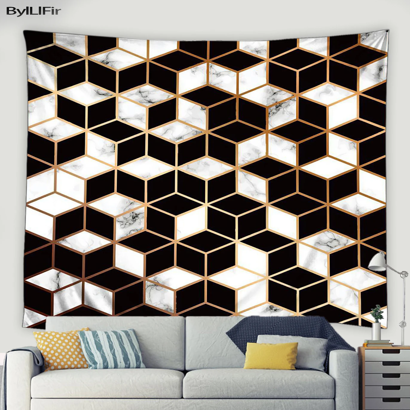 

3D гобелен с геометрическим зрением, настенный подвесной Черный Белый Абстрактный мраморный узор, спальня, Фреска, комната в общежитии, художественный декор, настенное одеяло