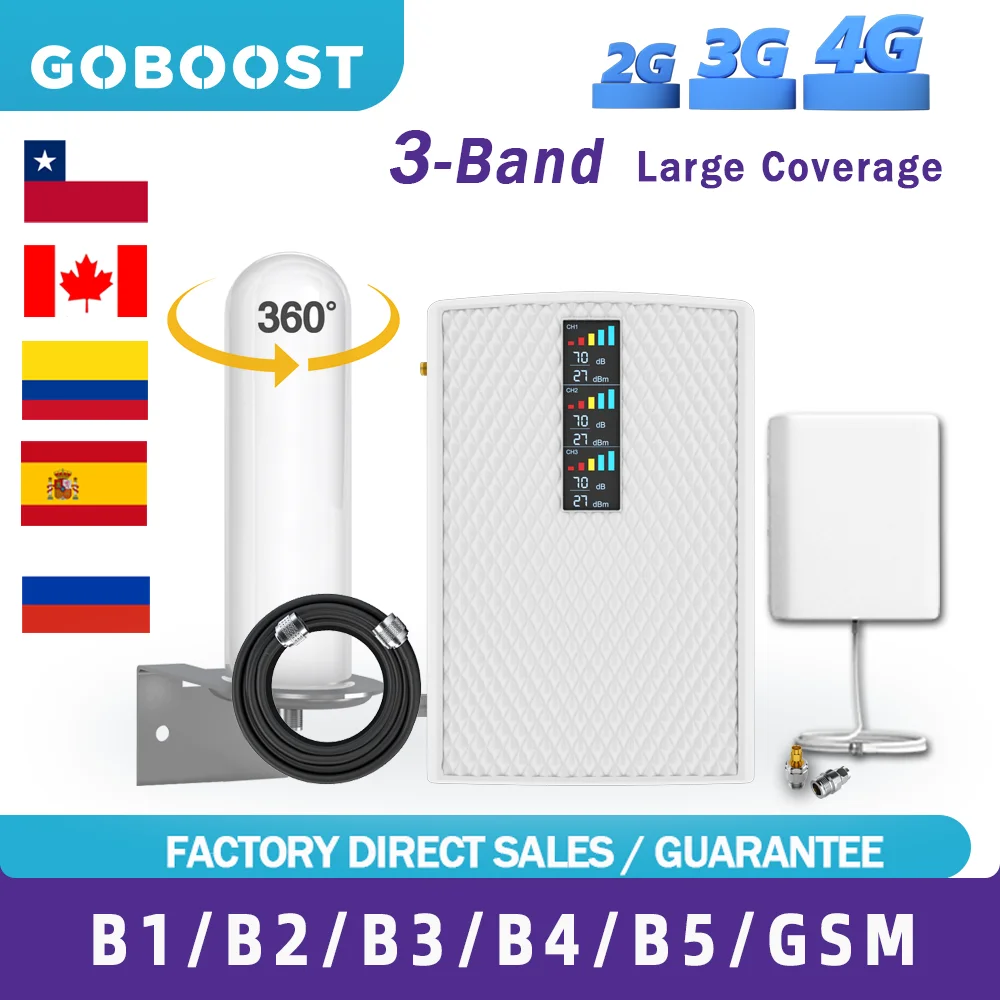 

GOBOOST 3G Cellular Repeater Tri-Band 850 900 LTE 1800 Phone 4G Signal Amplifier GSM 1900 Omni Antenna DCS Booster 70dB Gain Kit