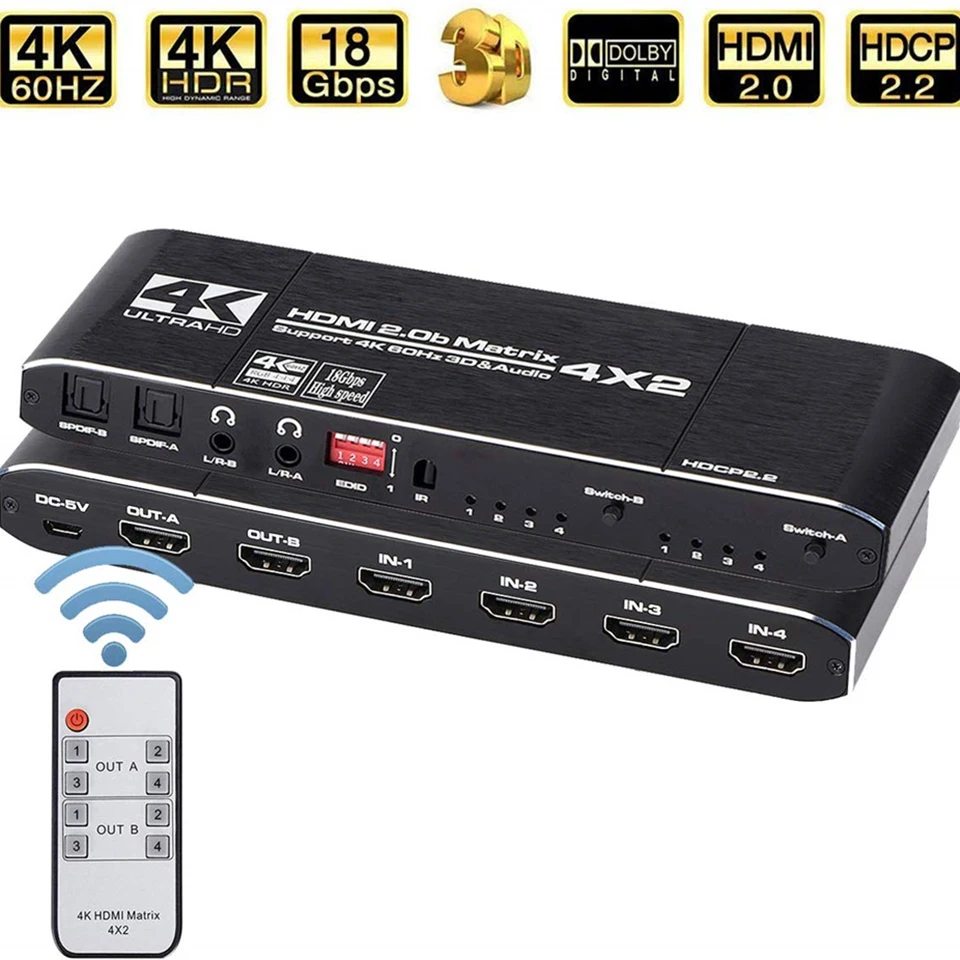2019 4K HDMI Matrix 4x2 Switch Splitter Support HDCP 2.2 IR Remote Control HDMI Switch 4x2 Spdif 4K 30Hz HDMI 4x2 Matrix Switch
2019 4K HDMI Matrix 4x2 Switch Splitter Support HDCP 2.2 IR Remote Control HDMI Switch 4x2 Spdif 4K 30Hz HDMI 4x2 Matrix Switch