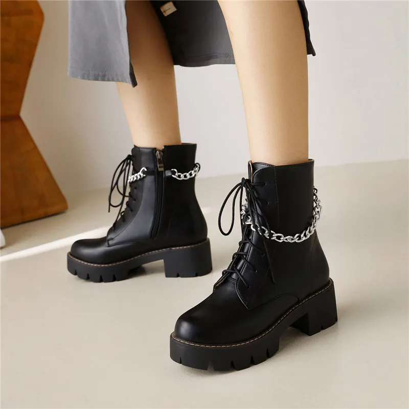 

YMECHIC 2021 Winter Autumn Punk Style Chain Ankle Boots for Women Shoes Platform Side Zipper Cross-tied Party Shorty Botas New