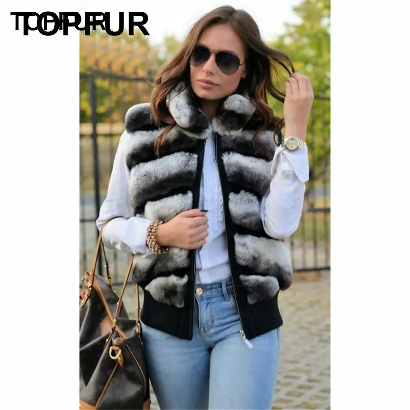 TOPFUR Women Fashion Real Fur Vest With Fur Collar Luxury Natural Rex Rabbit Fur Female Vest Winter Short Fur Chinchilla