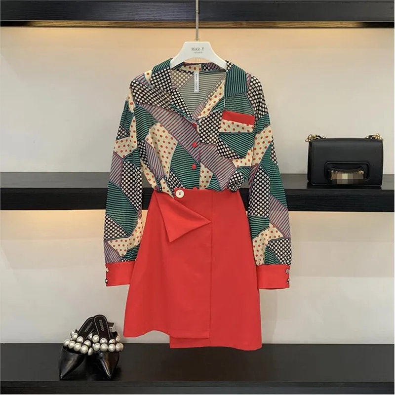 Retro fashion Lapel Geometric Color matching Long-sleeved Loose Chiffon Shirt and Irregular Skirt Two-piece Set Women
Retro fashion Lapel Geometric Color matching Long-sleeved Loose Chiffon Shirt and Irregular Skirt Two-piece Set Women