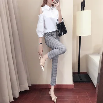 Shoulder Leakage Shirt Pants Suit Female 2019 Temperament Leisure Small Xiangfeng Two-piece Set Single Sell