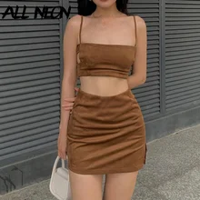 

ALLNeon 90s Vintage Sexy Backless Brown 2 Piece Sets Y2K Streetwear Hollow Out Cami Tops and Slit Pencli Skirt Co-ord Suits 2022