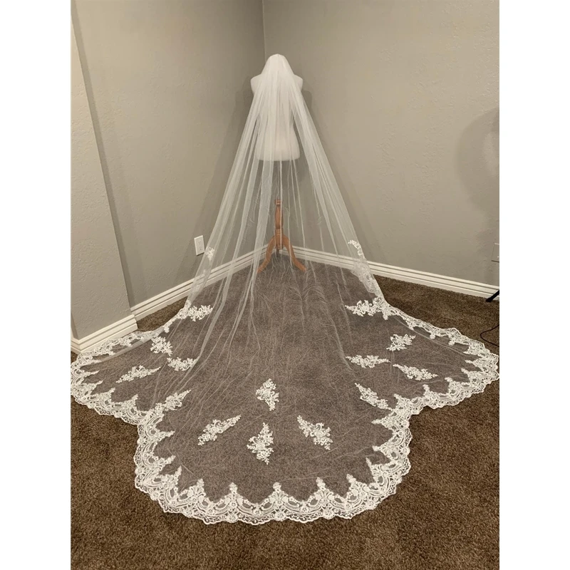 

Real Photos Dramatic Scallop Long Wedding Veil Tulle Lace Appliques Bridal Veils with Comb White Ivory Veil for Brides 3.5 metre