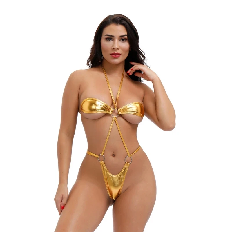 

Sexy micro bikini swimwear women swimsuit one piece biquini bikinis Patent leather Bright light Halter String Lace Show buttocks