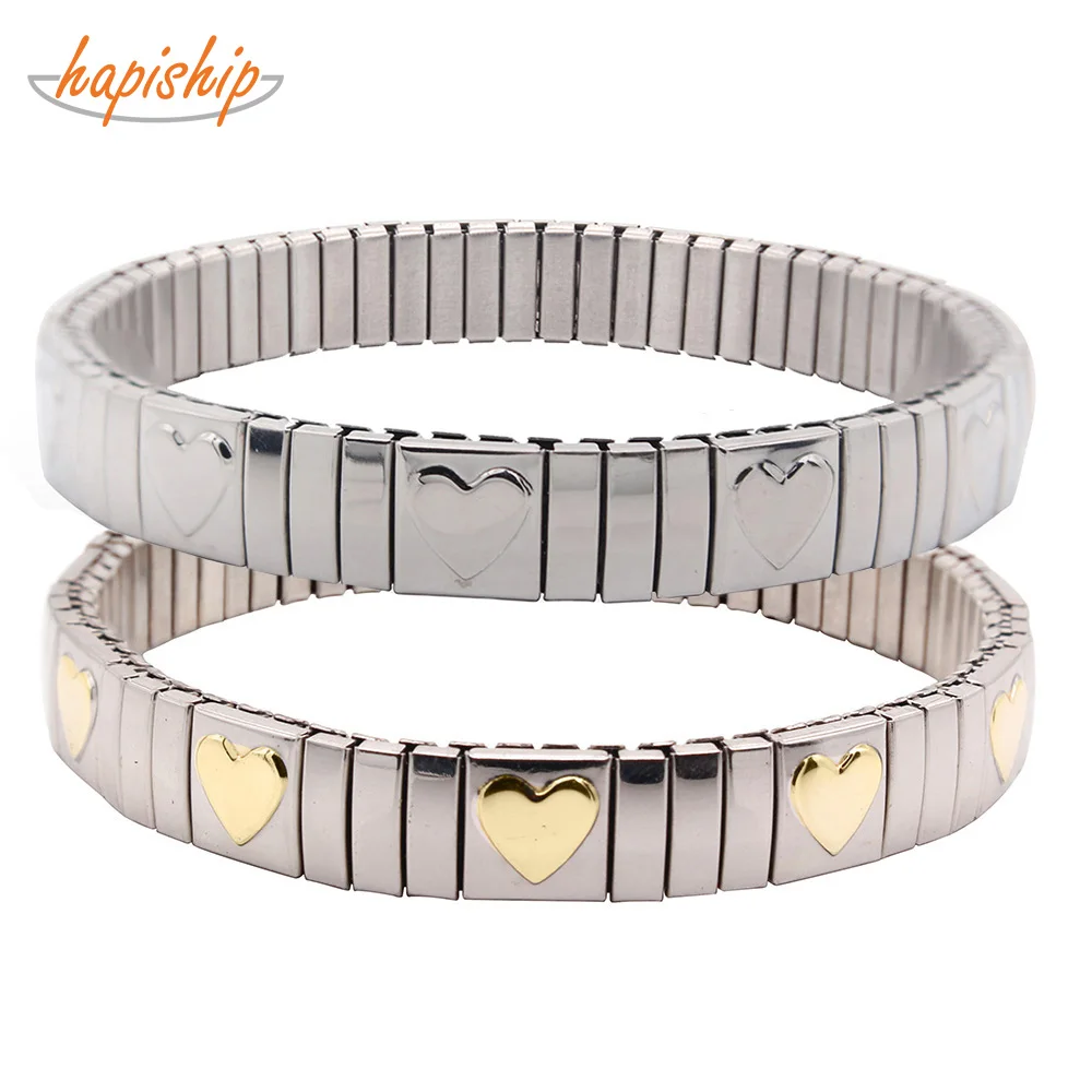 

Hapiship Top Fashion 9mm Width 18cm Women Men's Elastic Stainless Steel Gold Silver Heart Bracelet Bangle MY011