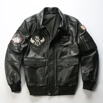 

22093 Read Description! Asian size Wool collar genuine cow leather coat mans cowhide air force leather jacket