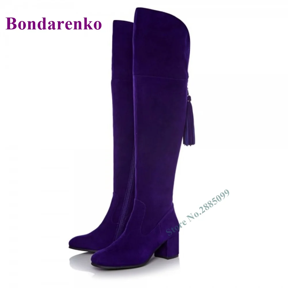 

Женские замшевые сапоги с бахромой, темно-фиолетовые однотонные Сапоги выше колена на массивном каблуке, с острым носком и боковой молнией, Осень-зима