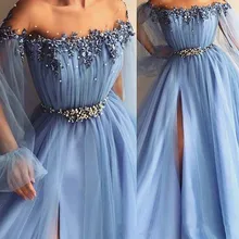 

Fairy Sky Blue Prom Dresses Appliques Pearl A Line Jewel Poet Long Sleeves Formal Evening Gowns Front Split Plus Size vestidos