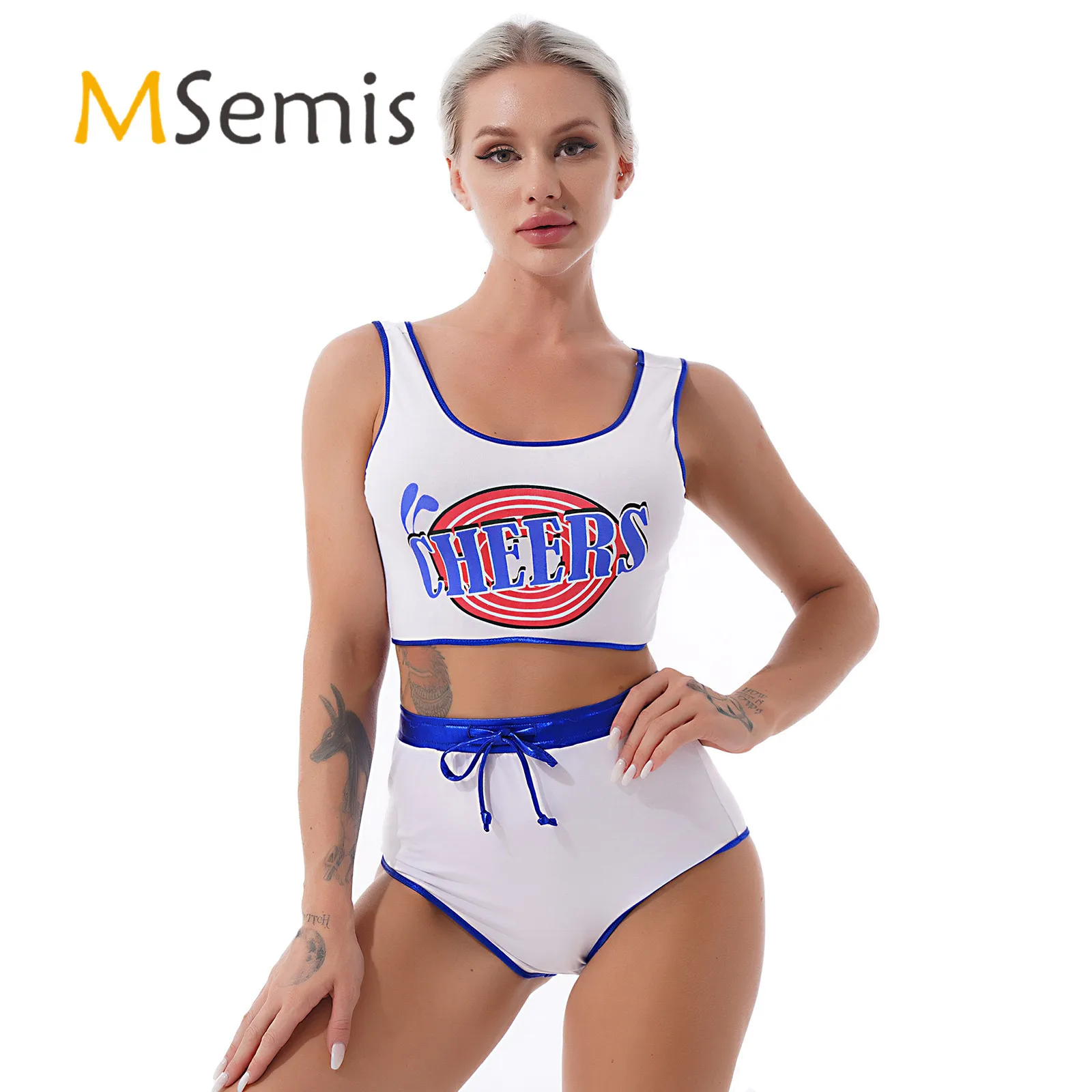 Womens Sexy Cheerleader Uniform Lingerie Role Play Erotic Costume Letter Print Cropped Tank Top with Drawstring Briefs Hot Pants
Womens Sexy Cheerleader Uniform Lingerie Role Play Erotic Costume Letter Print Cropped Tank Top with Drawstring Briefs Hot Pants