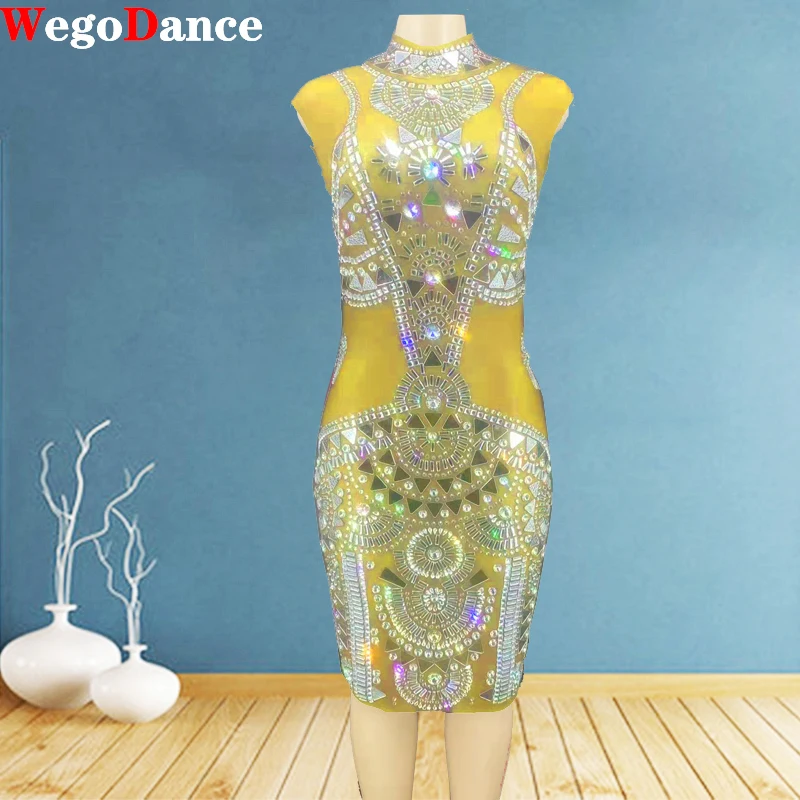 

Sexy See Through Rhinestones Crystals Mirror Chains Dress Prom Party Mesh Costume Evening Birthday Dance Outfit