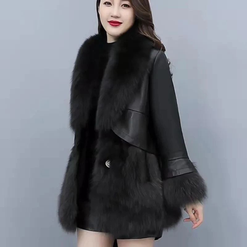 

Fur Coat Women Jacket Coat 2023 Winter New Leather Jacket Slim Mid-length Fox Fur PU Leather Coat Stitching Haining Coat