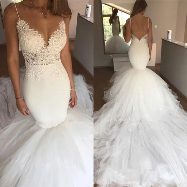Sexy-Backless-Vintage-Lace-Mermaid-Wedding-Dress-Chapel-Train-Spaghetti-Straps-V-Neck-Appliques-White-Tulle