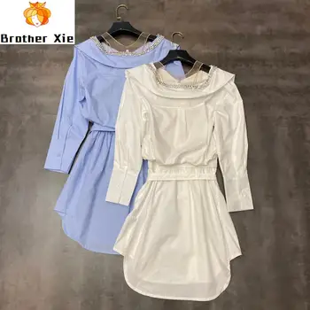 Women Shirt Dress 2020 Spring Summer New Fold-down Collar Man-made Diamond Design Waistband Waist Mid-length Dress Dresses Femme
Women Shirt Dress 2020 Spring Summer New Fold-down Collar Man-made Diamond Design Waistband Waist Mid-length Dress Dresses Femme
