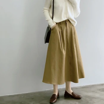 High Waist Midi Skirt Vintage Style Ladies A Line Elastic Khaki Elegant Long Casual Skirt Saia Femininas 
High Waist Midi Skirt Vintage Style Ladies A Line Elastic Khaki Elegant Long Casual Skirt Saia Femininas