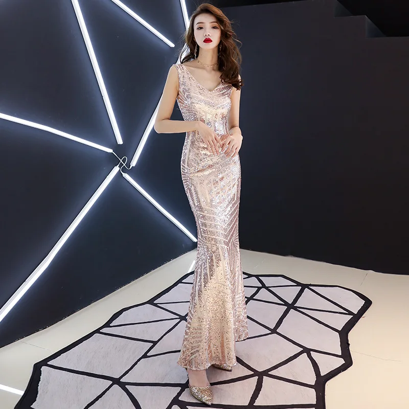 Evening Dress Champagne Gold Sequins Charming Formal Trumpet Gown V-neck Sleeveless Long Party Dresses
Evening Dress Champagne Gold Sequins Charming Formal Trumpet Gown V-neck Sleeveless Long Party Dresses