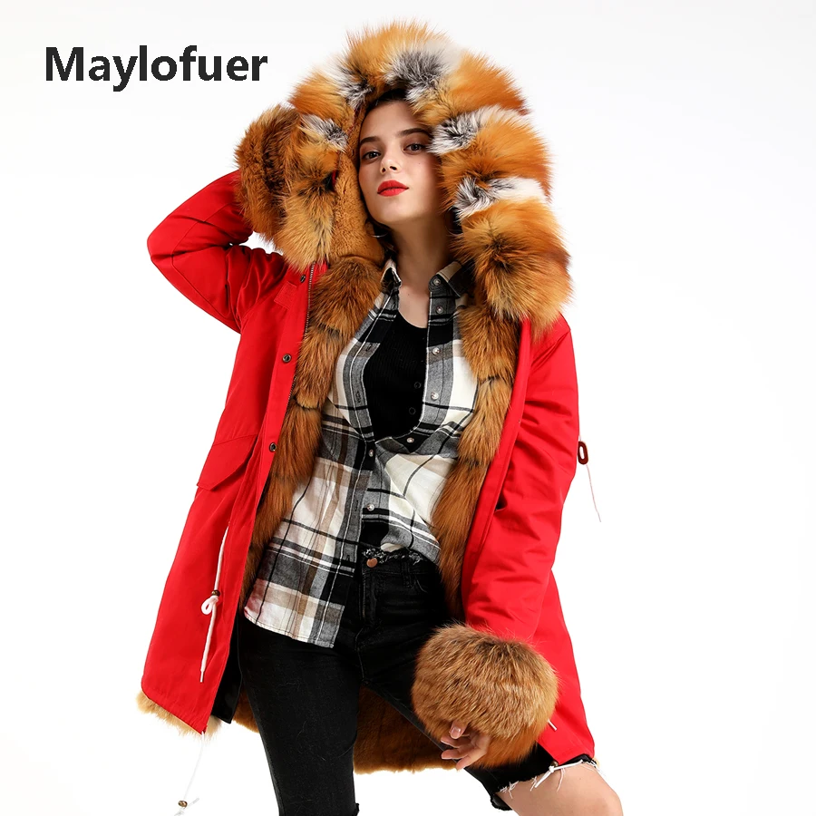 

Maylofuer Real Red Fox Fur Parka with Detachable Rex Rabbit Fur Liner and Fur Cuffs Jacket Women Fashion Army Green Fur Parkas