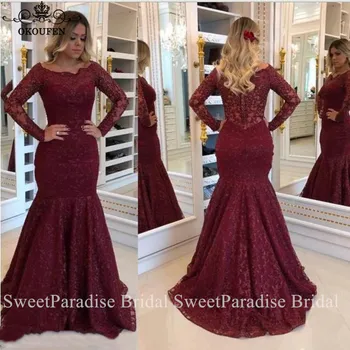 Real Photos Burgundy Evening Dress With Long Sleeves Mermaid Sheer Lace Jewel Neck Formal Prom Dresses For Women Robe De Soire 
Real Photos Burgundy Evening Dress With Long Sleeves Mermaid Sheer Lace Jewel Neck Formal Prom Dresses For Women Robe De Soire