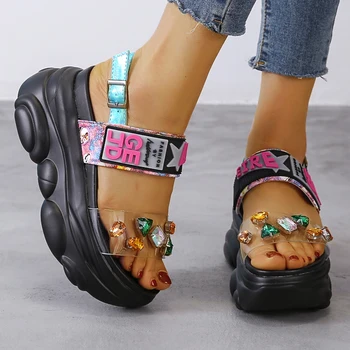 

9cm/3.9 inch Height Wedge Sadals Fashion Shoes Woman Summer Rhinestone Flat Platform Chunky Sandals